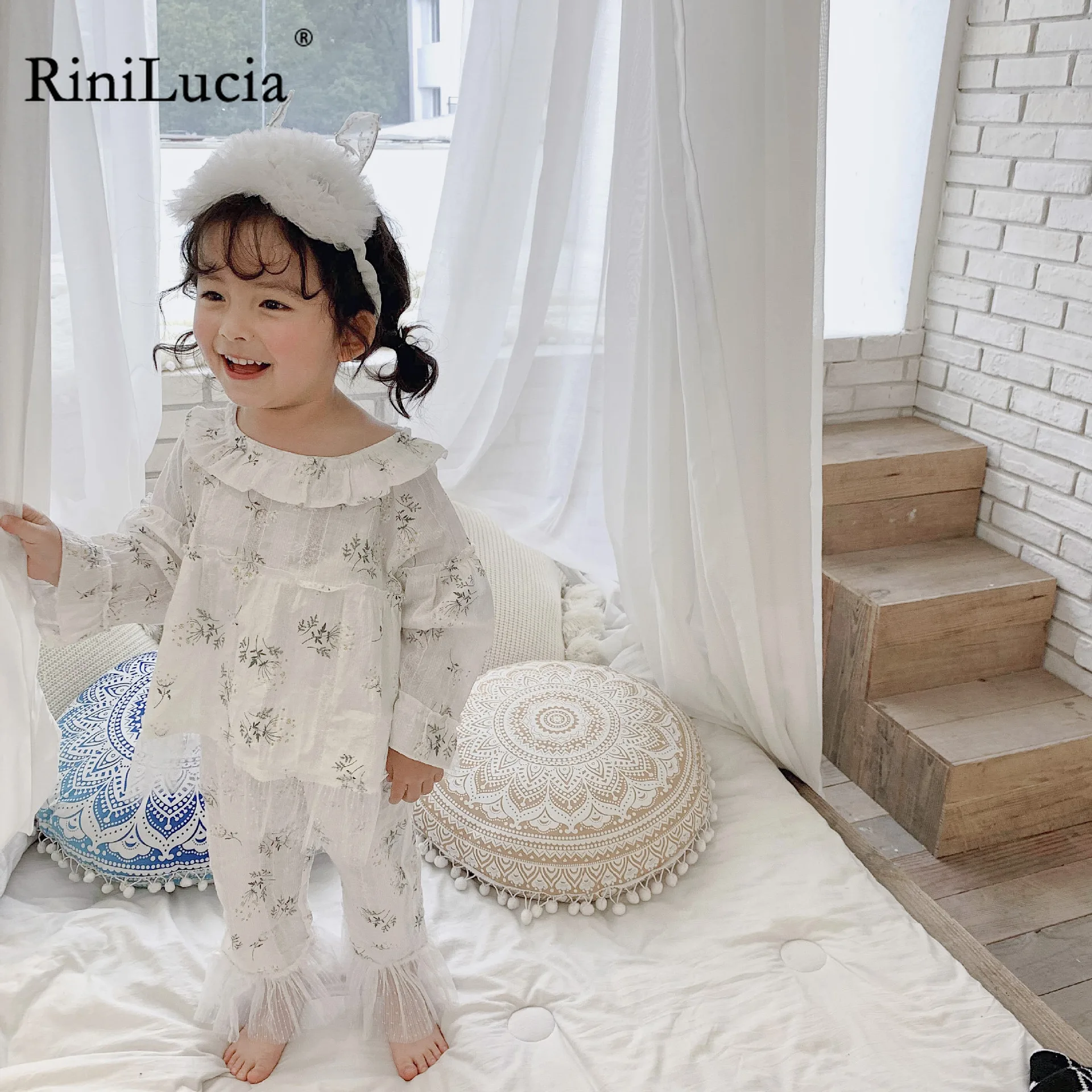 

Пижамный комплект с цветочным рисунком для девочек, кружевные пижамные комплекты с длинным рукавом и оборками для малышей, одежда для сна, д...