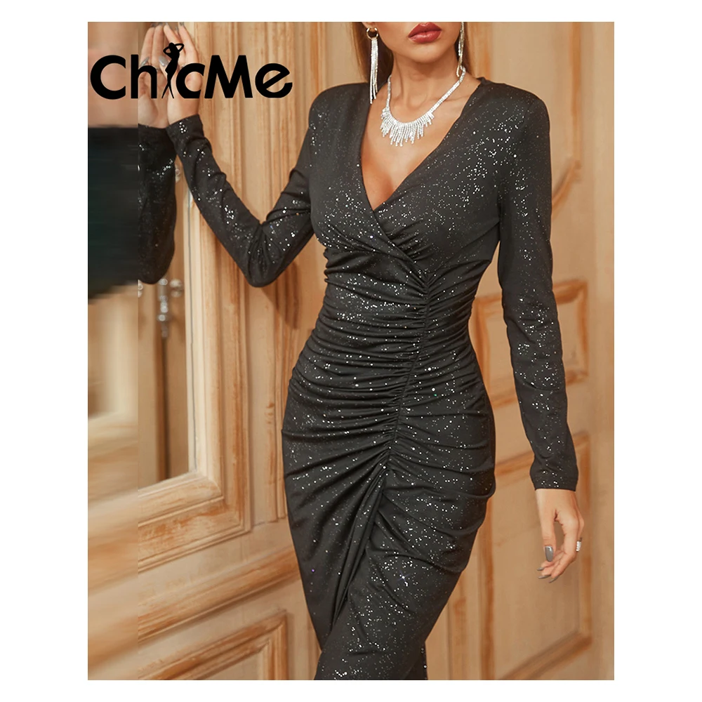 

Женское вечернее платье-макси с V-образным вырезом, воланом и длинным рукавом