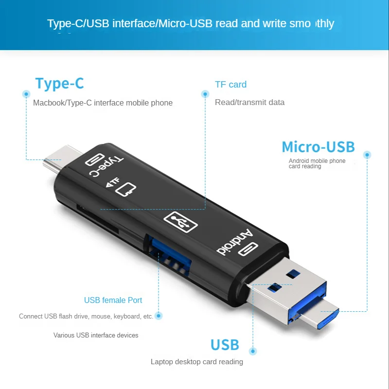 Фото 5 в 1, многофункциональный Usb Type C/Usb /Micro Usb/Tf/SD кардридер памяти №2