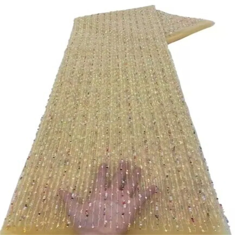 

African Sequins Lace Fabric Yellow 5 Yards High Quality French Nigerian Groom Beads Lace Fabric For Sewing Dress Wedding Party