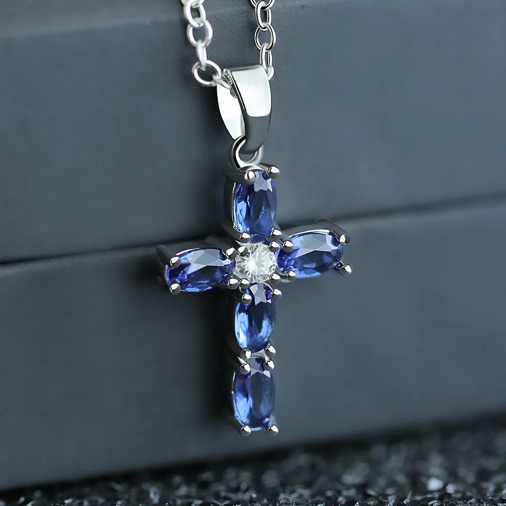 

New Cross Shaped Pendant Necklace Birthday Gift High Quality Ladies Jewelry Prong Setting Blue CZ Fashion Accessary