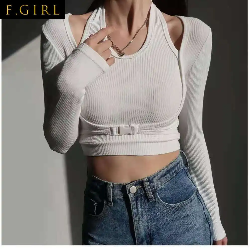 Syiwidii 2 Pieces Set Women Sexy Tops Kintted Long Sleeve Crop Top T Shirt Halter Woman Tshirts Black White Elastic Slim Tees