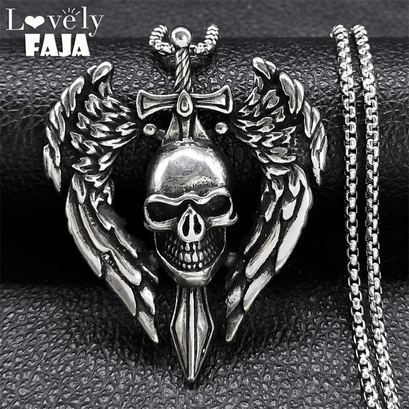 

Punk Vintage Skull Wings Sword Charm Pendant Necklace for Men Personality Stainless Steel Goth Skeleton Necklaces Jewelry Gifts