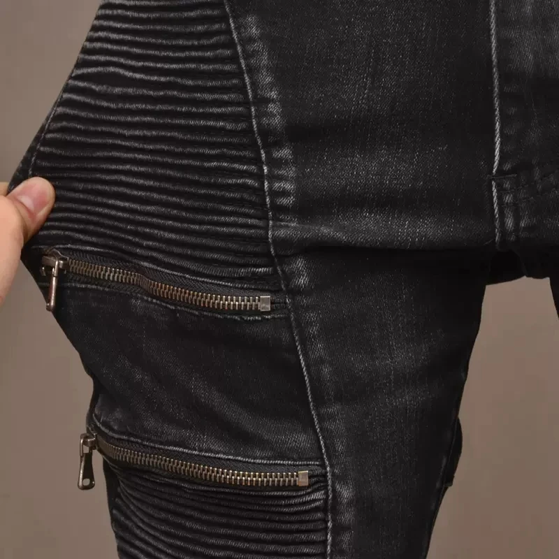 Autumn Men Biker Black Jeans Streetwear Casual Slim Fit Pencil Pants Zipper Patchwork Denim Trousers CP2019