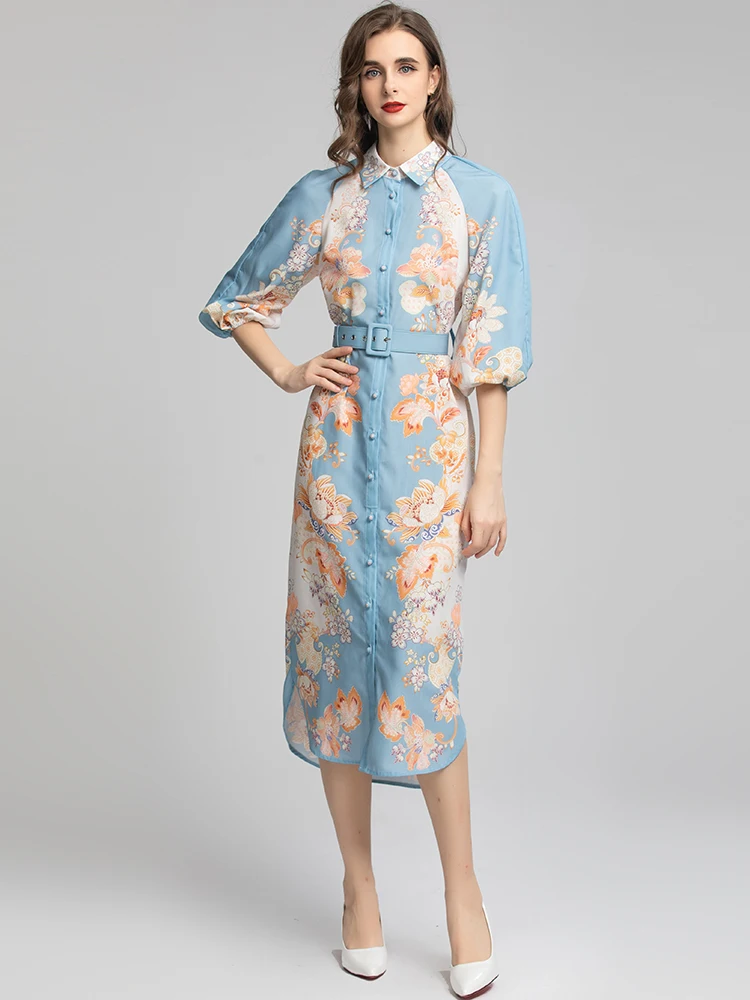 

MoaaYina модное подиумное платье Летнее женское платье с рукавами-фонариками и поясом однобортное синее элегантное праздничное платье с цвето...