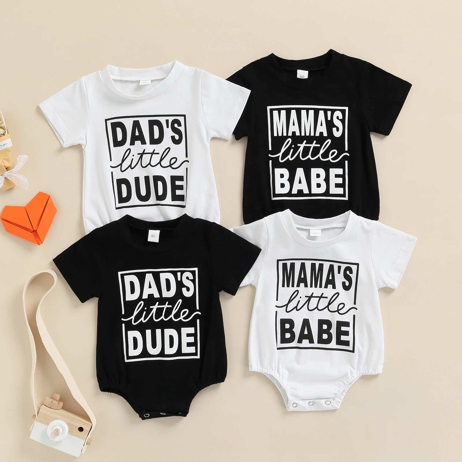 

Summer Infant Casual Bodysuit Round Collar Short Sleeve Letters Printed Pattern Jumpsuit for Baby Girls and Boys White Black