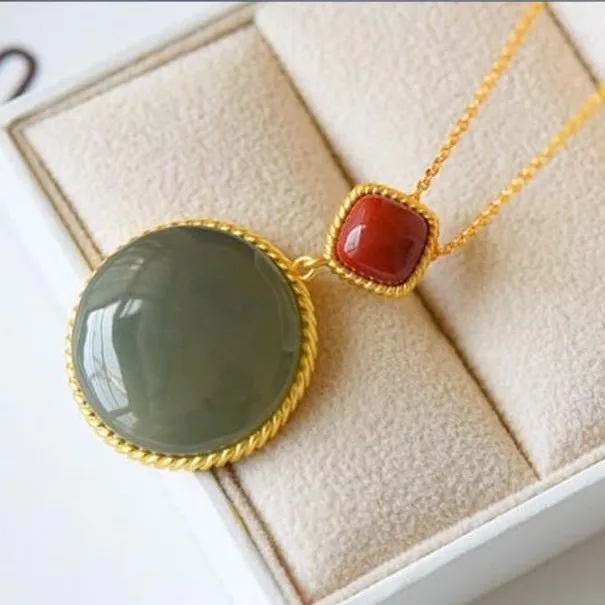 

New silver inlaid natural Hetian jade Round Pendant Necklace Chinese style retro elegant light luxury charm women's jewelry