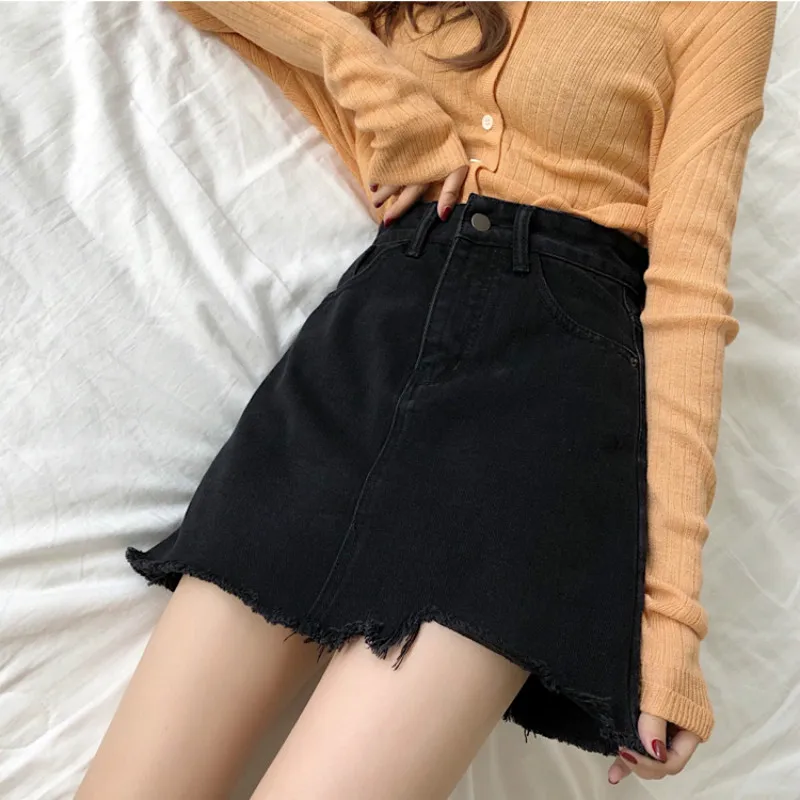 

Skirts Women Denim Mini Black Irregular Hem Frayed High Waist Teens Slim A-line All-match Trendy Ulzzang Cozy Club Casual Female