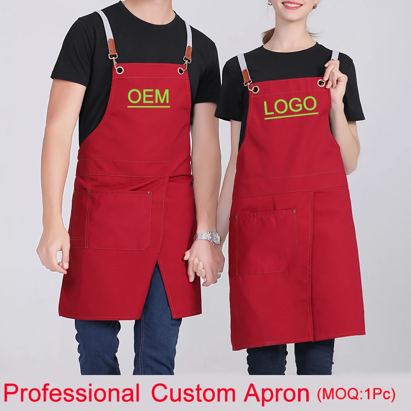 

Professional Custom Logo Aprons Pure Color Canvas Men Kitchen Apron Women Cleaning Working Bibs Waiter Stylist Overol Customize