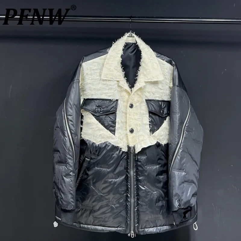 

PFNW Autumn Winter Men's Patchwork Contrast Wool Cotton Padded Coat Fashion Turn-down Collar Casual Zippers Tide Jackets 12A7275