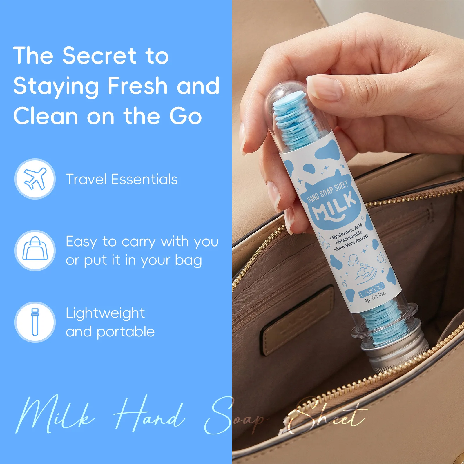 Фото Портативные мыльные таблетки LAIKOU 4 г, дезинфицирующее средство для рук в виде молочной бумаги, пенящиеся мыльные таблетки для мытья рук в дороге, увлажняющие. №4