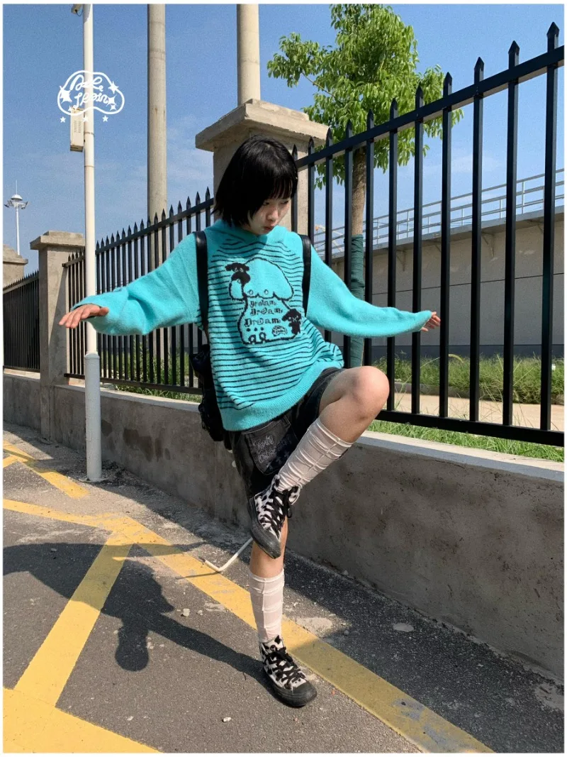 2024 новый японский оригинальный дизайн осенний озерно-синий полосатый свитер с