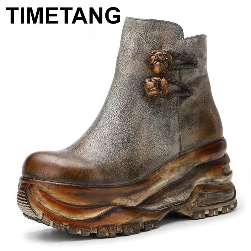 

Женские ботильоны из натуральной кожи, ботинки ручной работы из натуральной кожи с круглым носком, на платформе и высоком каблуке, новинка зимы 2023