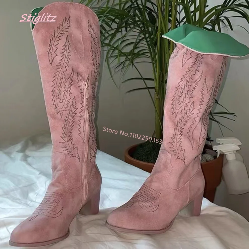 Pink Western Cowboy Boots 2022 New Arrival Women's Leather Round Toe Low Chunky Heel Side Zipper Retro Hollow Novelty Shoes