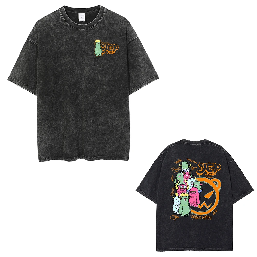 

Футболка женская/мужская оверсайз с принтом монстра, классная винтажная тенниска в стиле хип-хоп с эффектом потертости, уличная одежда из 100% хлопка