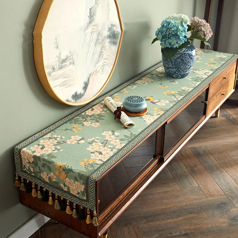 Green Flower Pattern TV Cabinet Dust-Proof Cloth Retro Tassel Tea Table Dining Room Runner Traditional Chinese Style |