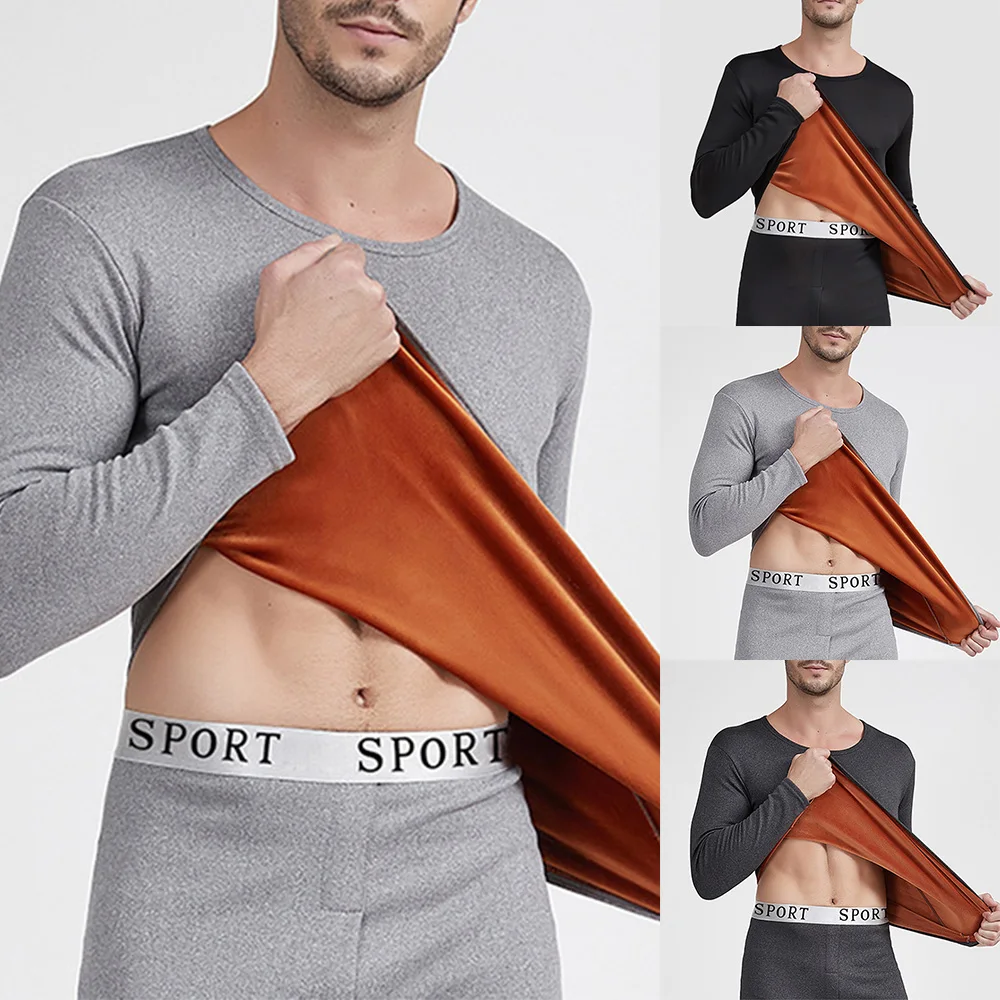 Fleece Thickening Soft Thermal Underwear Set Men's Round Neck Winter Warm Top Leggings Long Johns Base Layer Homewear A50