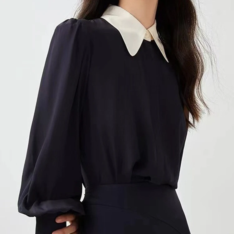 

Color Patchwork Women Silk Blouses Turn-down Collar Simple Chemise Long Sleeve Lady Single Breasted Shirt tops
