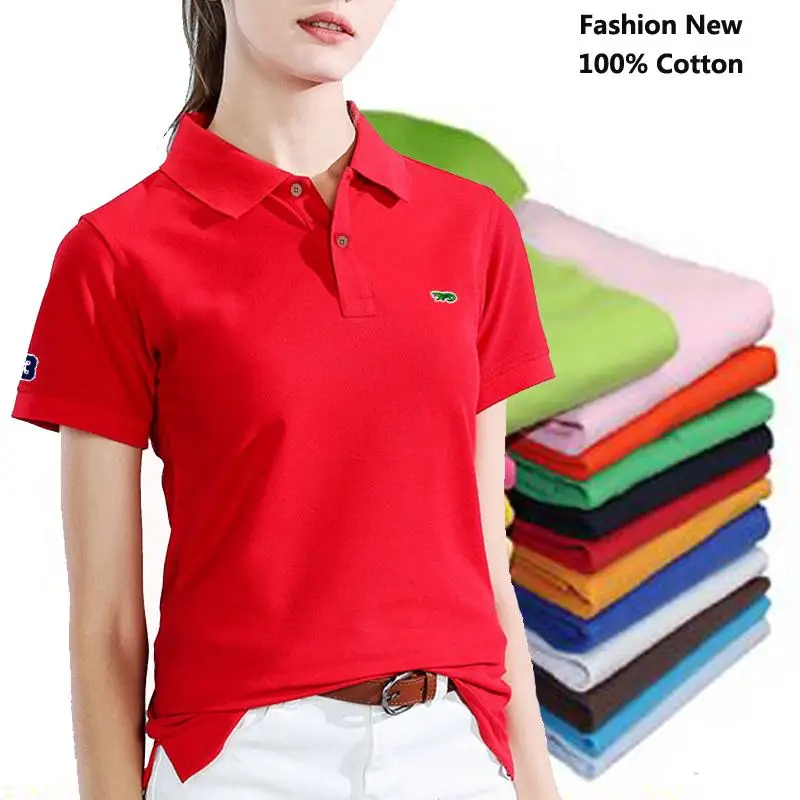 100% Cotton Fashion Polos Summer Womens Polos Shirts Casual Short Sleeve Polos T Shirts Ladies Clothing  Lapel Slim Tops