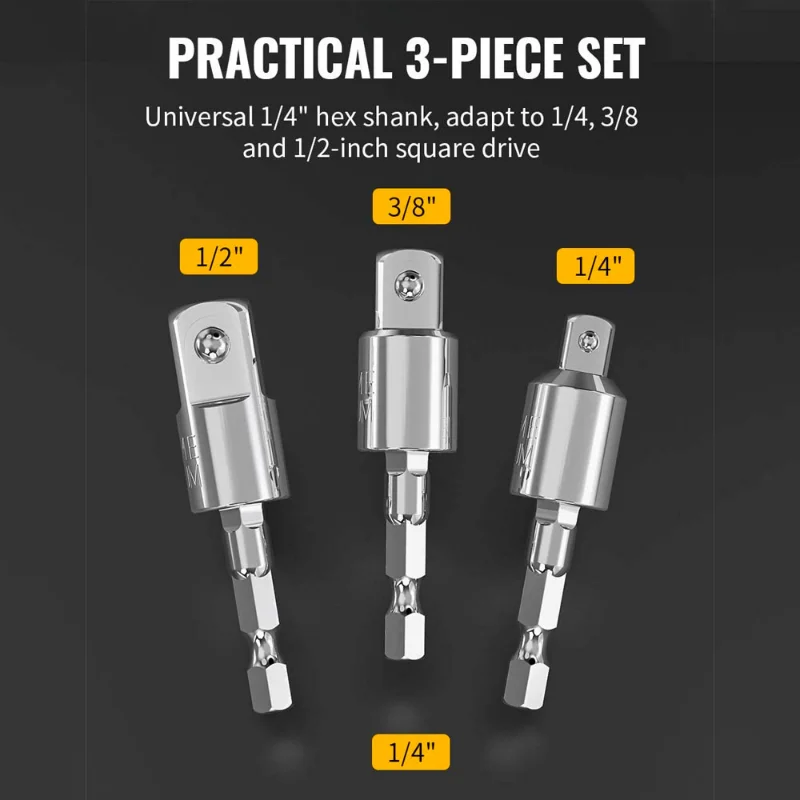 

360°Rotatable Impact Driver with Hex Shank 1/4" 3/8" 1/2" Electric Power Drill Sockets Adapter Sets Tools