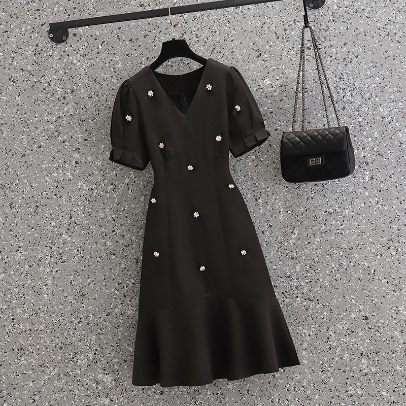 

Women French Vintage Summer Dresses 2022 Fashion Short Sleeve Beading High Waist A-line Vetidos Female Korean Vestidos