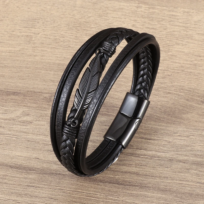 

Multilayer Feather Leather Wrap Bracelet Men Classic High Quality Jewelry Gift Male Business Bracelet with Metal Magnetic Clasp