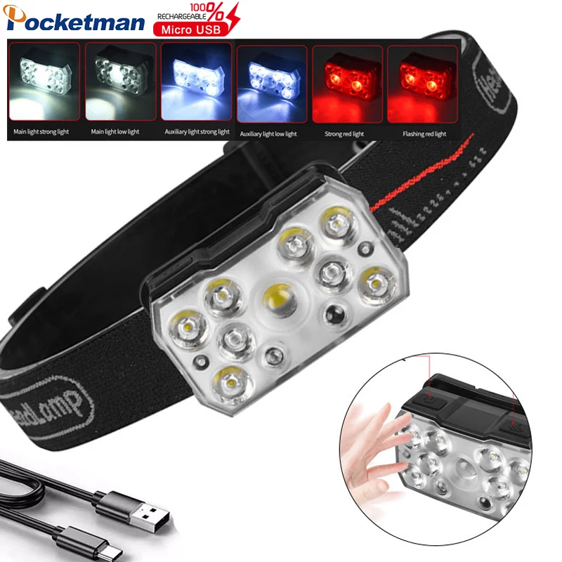 

Super Bright 9*LED Headlamp IR Motion Sensor Headlight USB Rechargeable Head Lamp Waterproof Head Front Light Induction