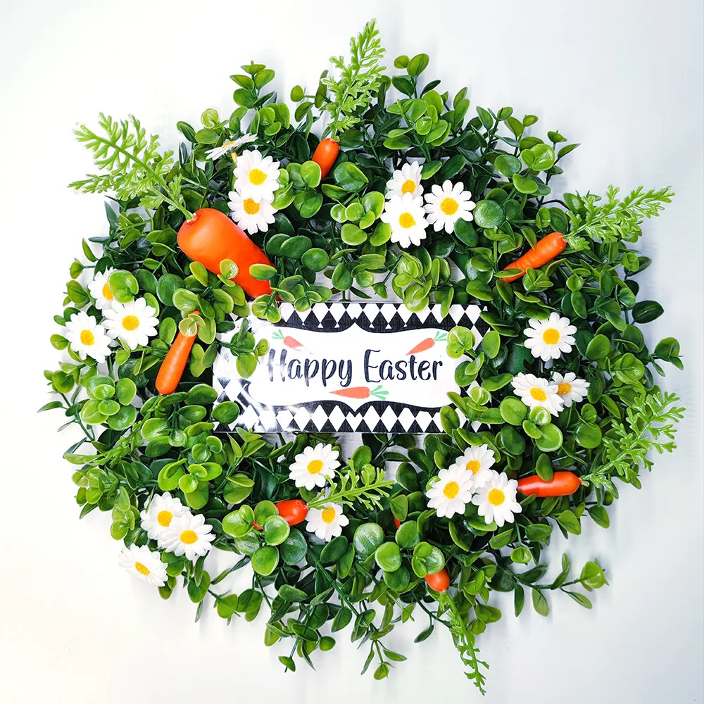 

Happy Easter Decoration Wreath 45cm Small Daisy Carrot Eucalyptus Leaf Simulation Door Wall Hanging Garland Easter Party Decor