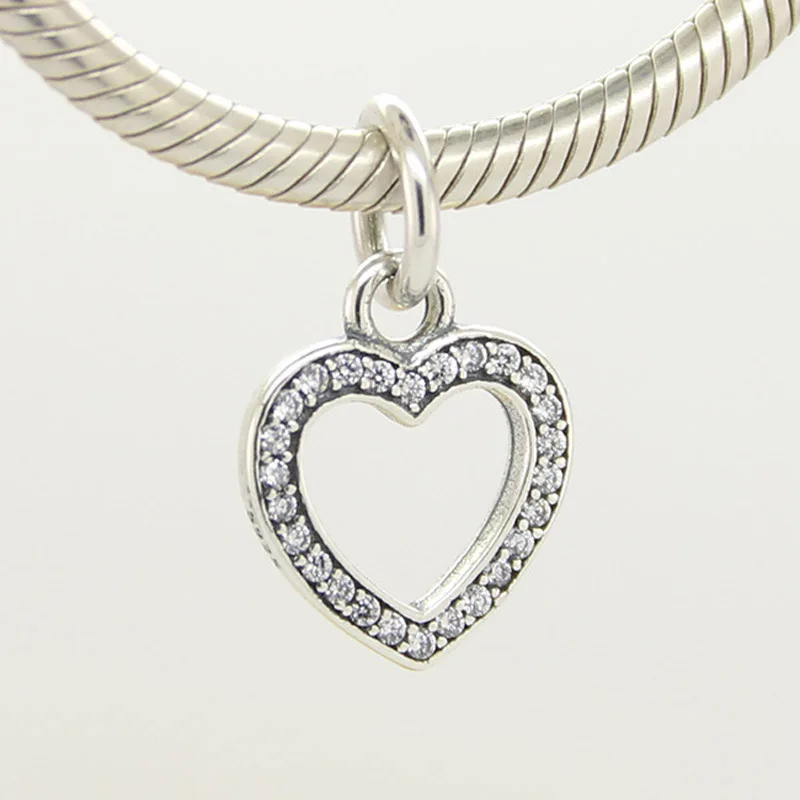 

Top Quality S925 Sterling Silver Bead Pave Openwork Heart Dangle Charm fit Women Bracelets Bangles DIY Jewelry Gift