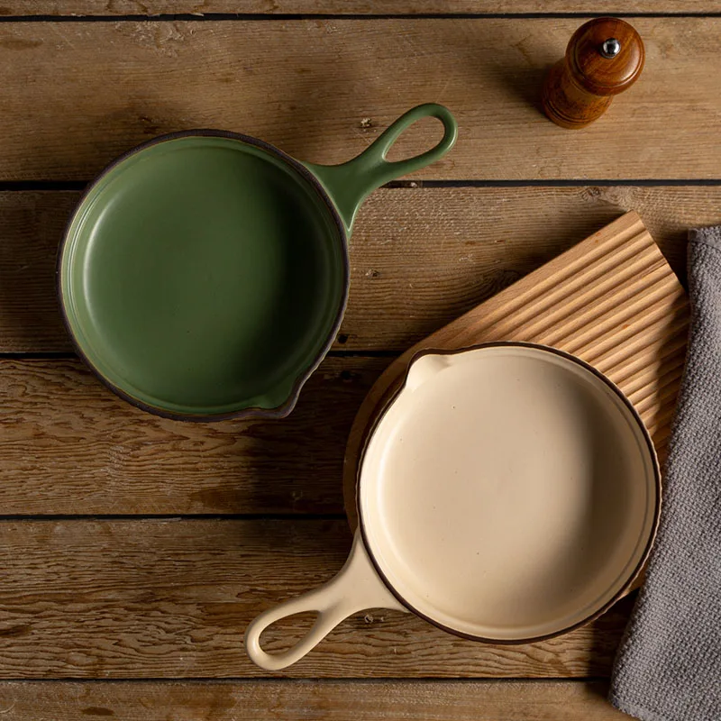 

Japanese household ceramic handle plate can open fire single handle stir-fry plate with handle pan frying egg pan Pan casserole