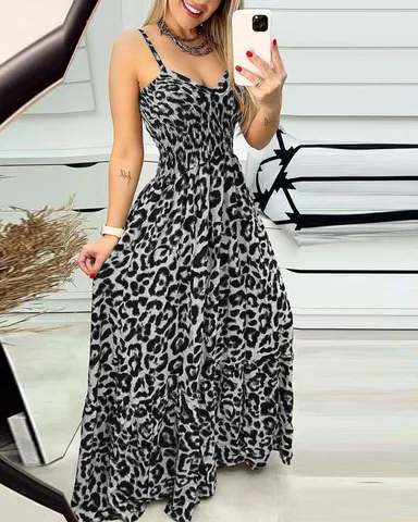 Женское облегающее платье-макси без рукавов, с леопардовым принтом