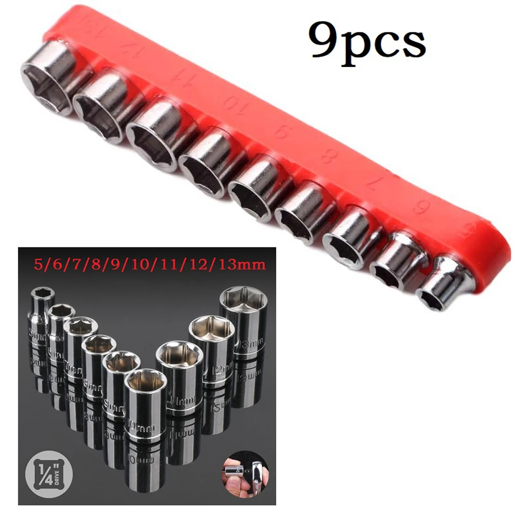 

9pcs 1/4 Inch Drive 5-13mm Hex Bit Metric Socket Wrench Head Nut Removal Tool For Wrench Ratchet Power-Drill Mirror-Polishing