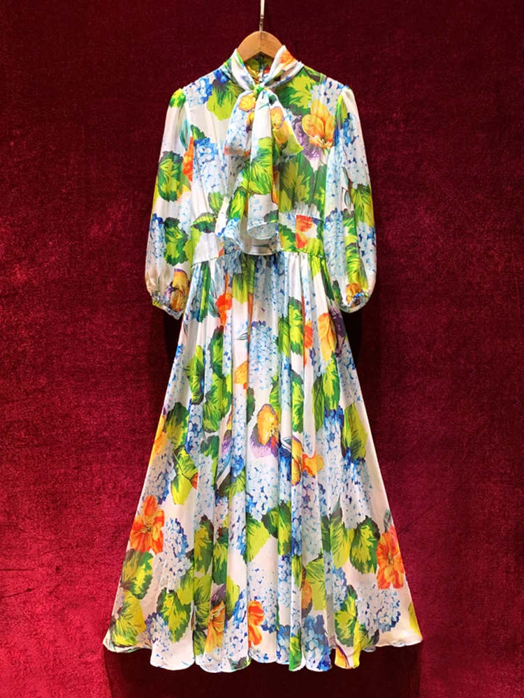 

Svoryxiu Fashion Designer Summer Elegant Maxi Long Dress women Scarf Collar Lantern Sleeve Floral Print Bow Slim Vintage Dress