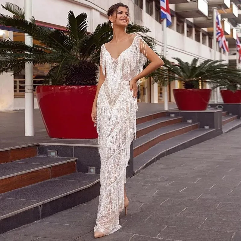 

Evening Dresses Sexy​ Dresses For Women Slim Backless V Neck Sleeveless White Tassel Long Dress 2023 Spring Robe De Soiree S-XL