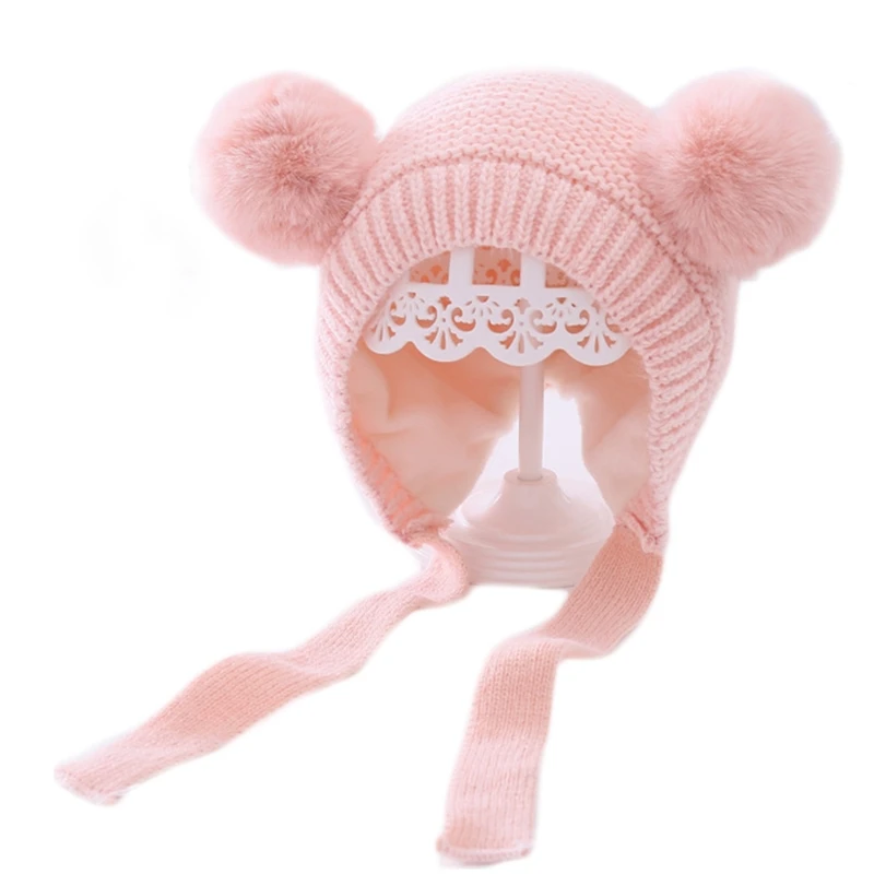 

Kids Baby Knitted Beanie Hat Cute Double Pompom Ears Thicken Thermal Warm Plush Lined Earflap Skull Cap with Chin Strap