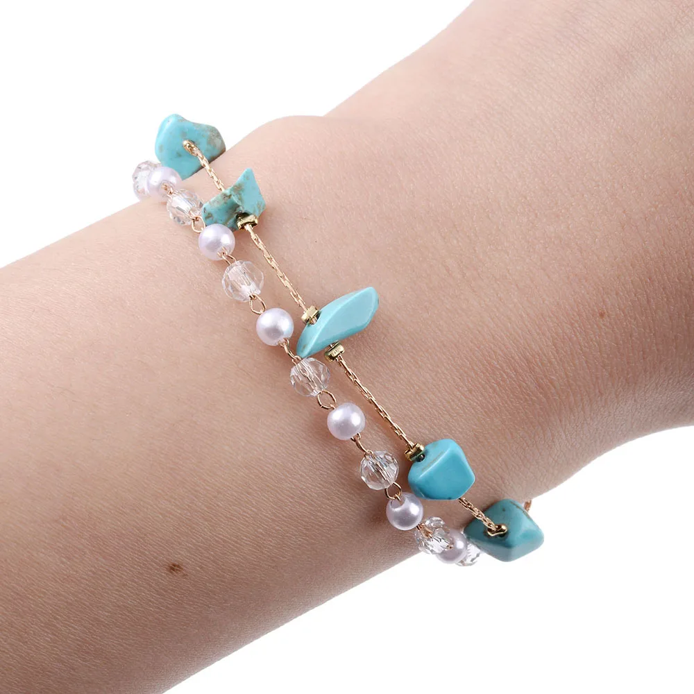 Женский минималистичный браслет с двойной цепочкой бирюзовый жемчужными