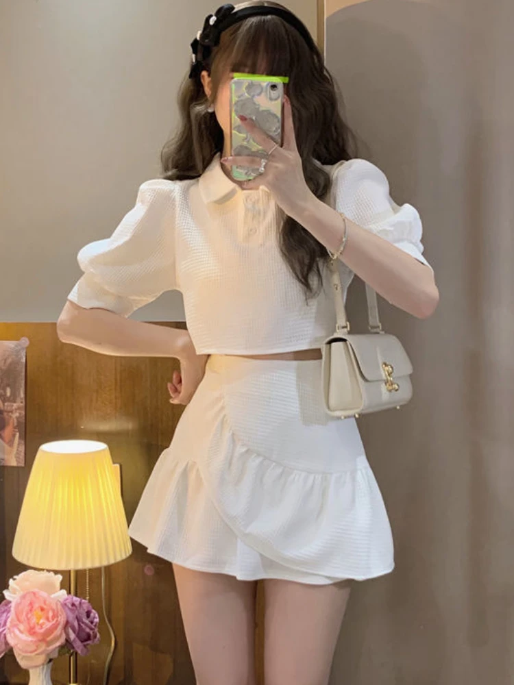 

Summer Ruffle Flounce Sweet Two Piece Set Women Korean Fashion Cute Mini Skirt Set Female Puff Sleeve Slim Fit Party Suits 2022