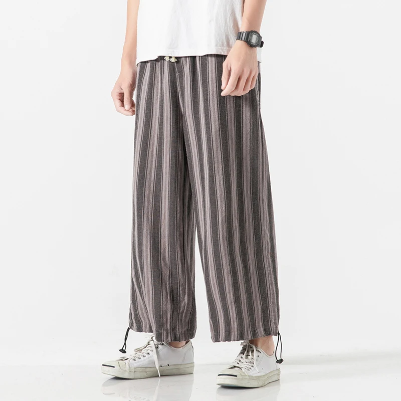 Men's Drawstring Straight Stripe Casual Loose Pants Tie Mid Waist Wide Leg Pants Cotton Linen Japanese Hip Hop Street Pants