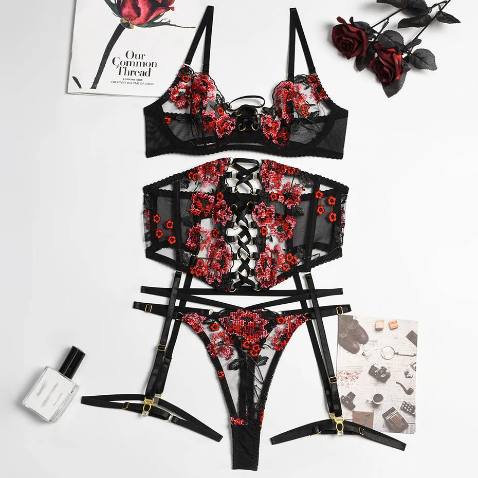 JSY Women Sexy Lingerie Underwear Set Embroidery Lace Sexy Bra And Panties Set Bondage Erotic Bra Brief Sets Intimates Costumes