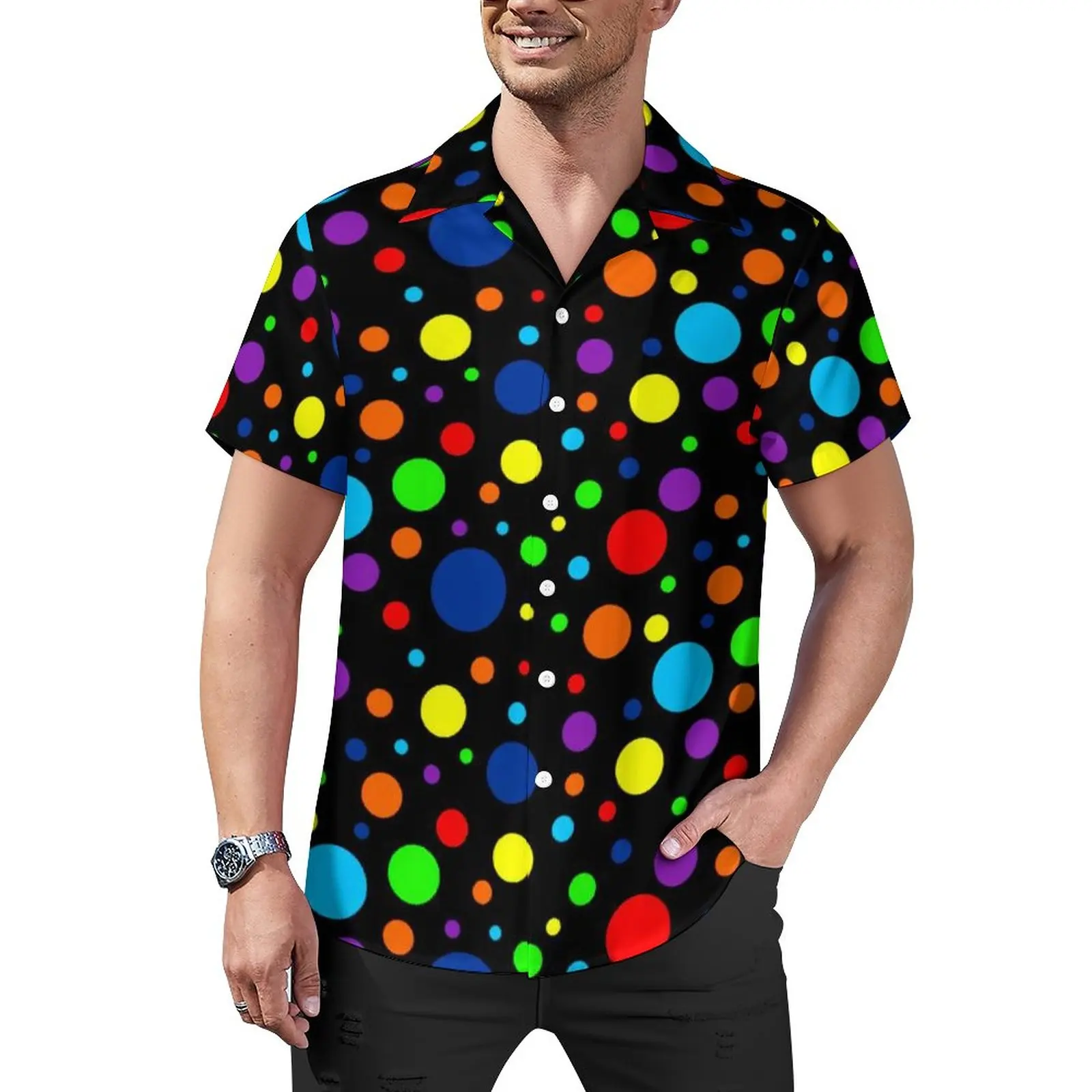 

Vintage 80S Polka Dots Casual Shirts Dark Rainbow Spots Beach Shirt Hawaiian Y2K Blouses Men Printed Plus Size 4XL