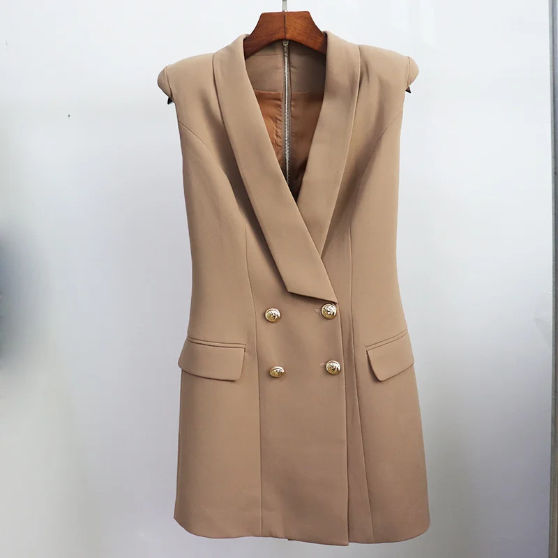 Summer Blazer Dress Sleeveless Women 2022 New Office Double Breasted Button Turn down Collar Thick Shoulder Khaki Suit Dress