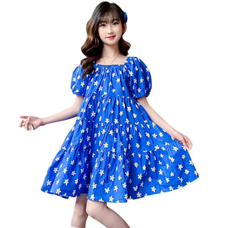 

2022 Korea Summer Casual Young Girl Floral Print Dresses New Arrival Cute Princess Costume Children's Clothes 5 To 14 Years Old