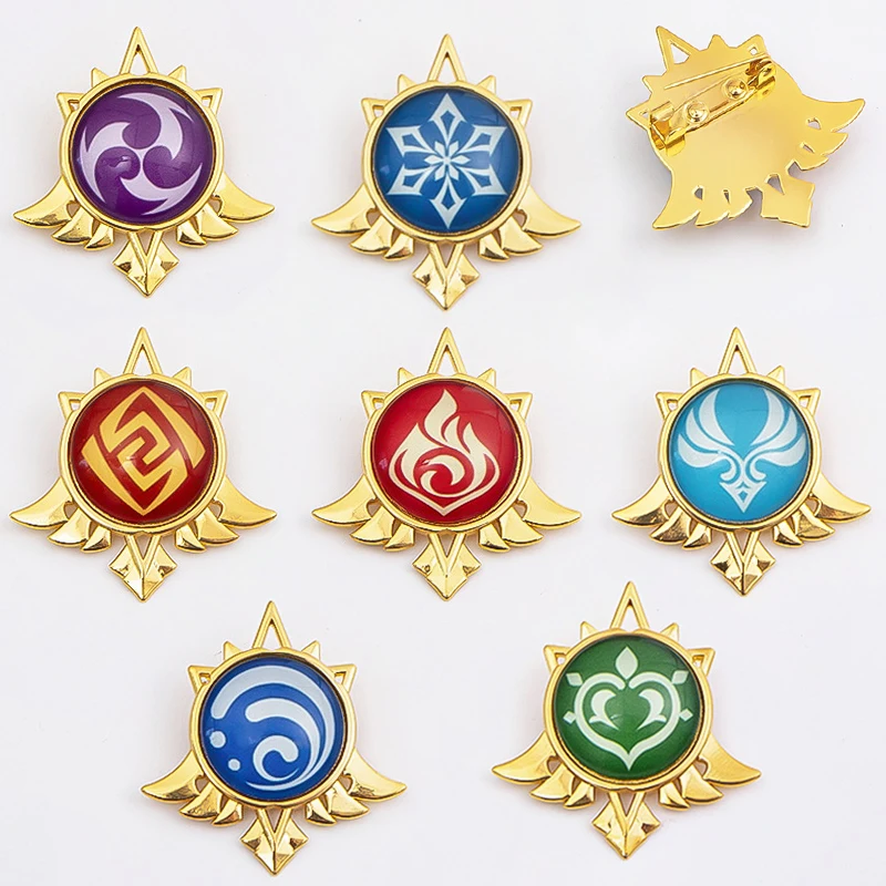 

New Genshin Impact Fire Thunder Ice Water Rock Wind Elemental God's Eye Metal Brooches Anime Cosplay Badges Charms Jewelry Gift