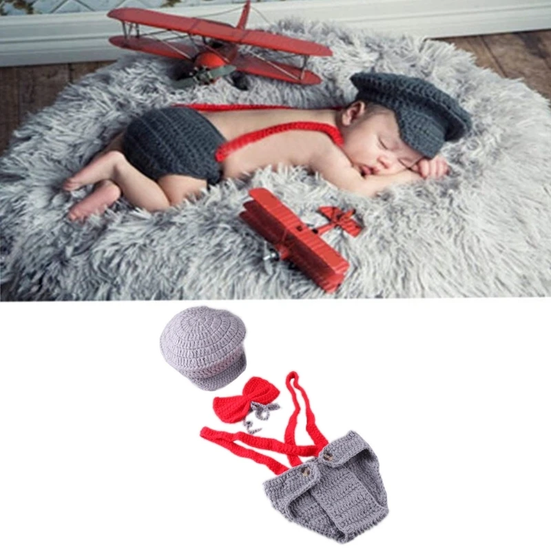 

Newborn Baby Girl Boy Photo Props Outfits Pilot Hat Trousers Bowknot set for Boys Girls Photography Shoot for 0-3 Months A2UB