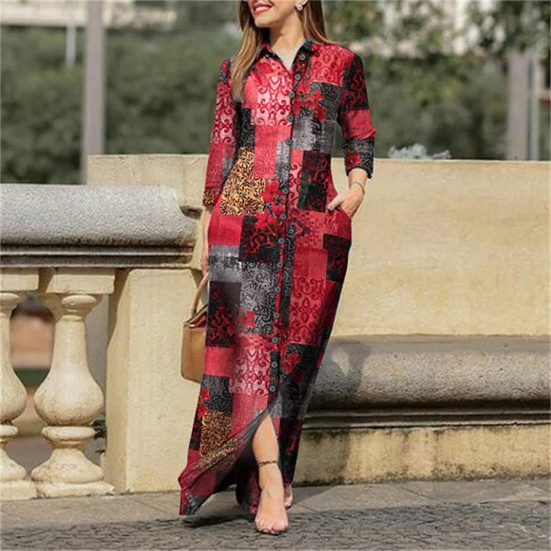 

Oversized Women Dresses Long Sleeve With Pockets Maxi Long Dress Fashion Single-breasted Boho Floral Print Casual Dress Vestidos