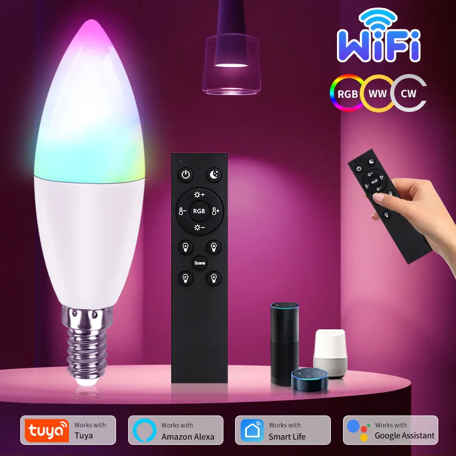 E14 Tuya Wi-Fi Smart Light Bulb Candel 220 В 9 Вт с регулируемой яркостью RGB лампы Управление через