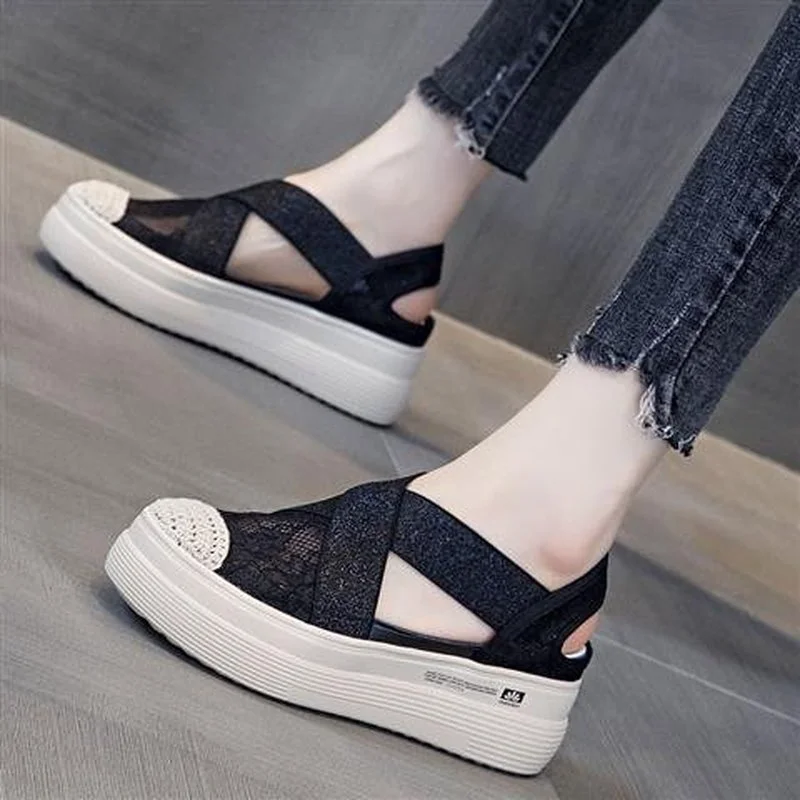 

Women Retro Sewing Mesh Flats Summer Shoes Fashion Sandals Woman Elastic Bandage Casual Platform Sandals 2022 Loafers flats