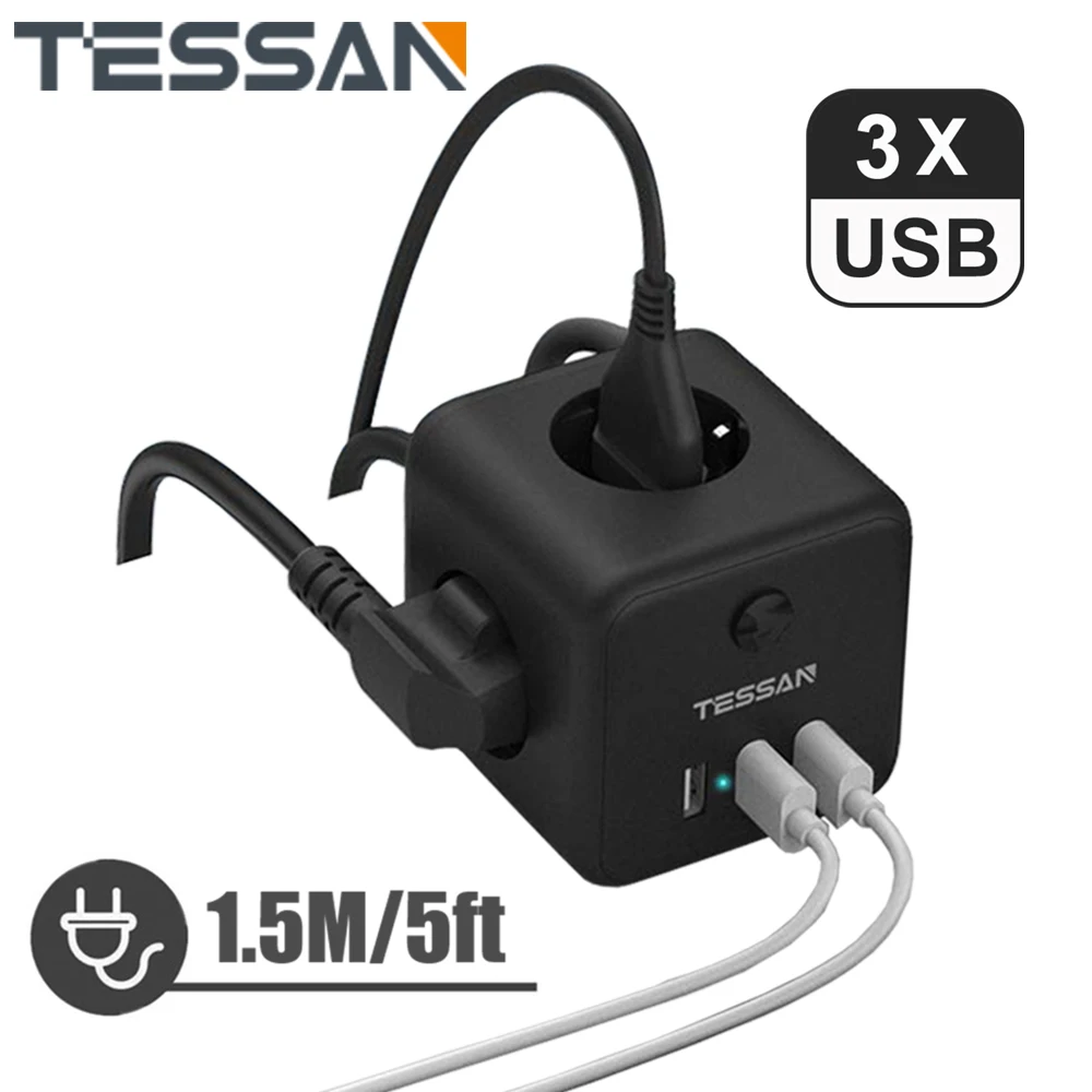 

Сетевой фильтр TESSAN Cube с 3 розетками переменного тока, 3 USB-порта, удлинитель 1,5 м, защита от перегрузки для дома, кухни и офиса