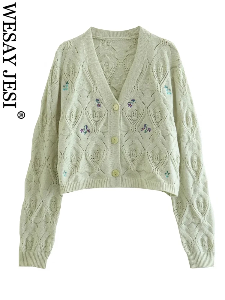 

WESAY JESI 2022 Green White Elegant Commuter Casual Cardigan Fall Women Knit Coat Girl V-Neck Single Breasted Embroidered Mujer