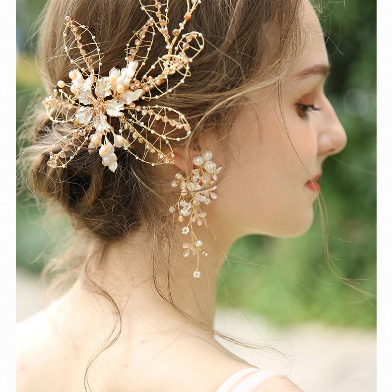 

Delicate Bridal Drop Earrings Gold Color Leaf Wedding Accessories Jewelry Handmade Pearls Women Earrings